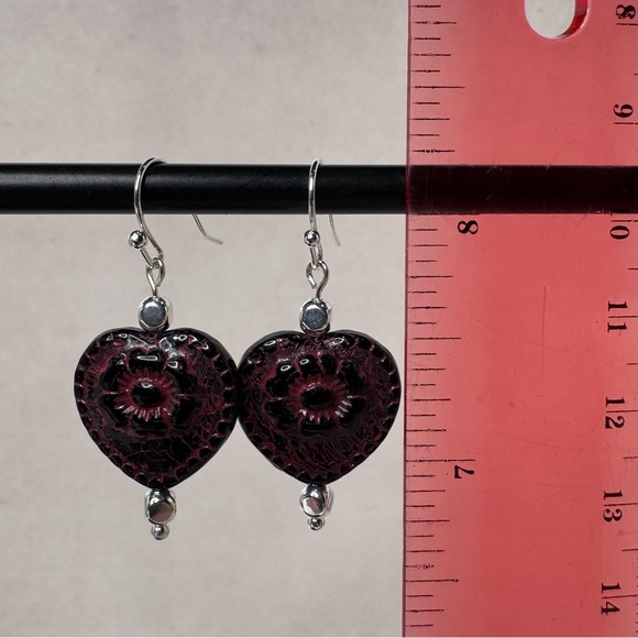 HAND CRAFTED Czech Glass Victorian Heart Earrings Purple & Silver 1 1/2” NWT - Picture 11 of 14